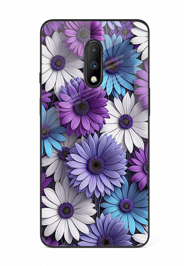 Violet daisy artwork on OnePlus 7 glass back cover with cool gentle floral tones.