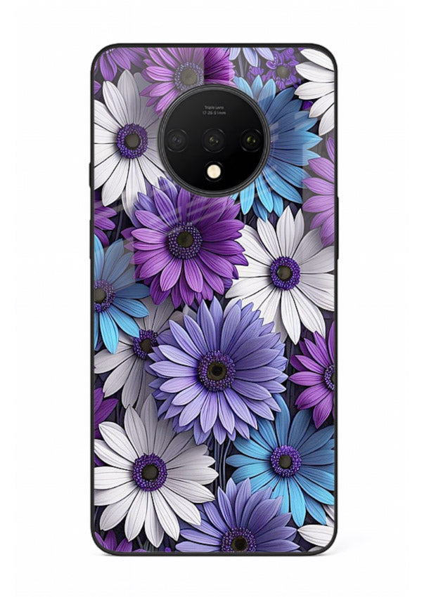 Violet daisy artwork on OnePlus 7T glass back cover with cool gentle floral tones.