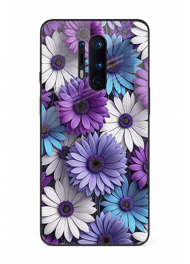 Violet daisy artwork on OnePlus 8 Pro glass back cover with cool gentle floral tones.