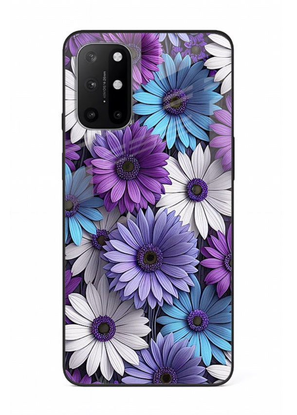 Violet daisy artwork on OnePlus 8T glass back cover with cool gentle floral tones.