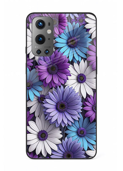 Violet daisy artwork on OnePlus 9 glass back cover with cool gentle floral tones.