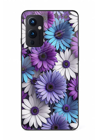 Violet daisy artwork on OnePlus 9 Pro glass back cover with cool gentle floral tones.