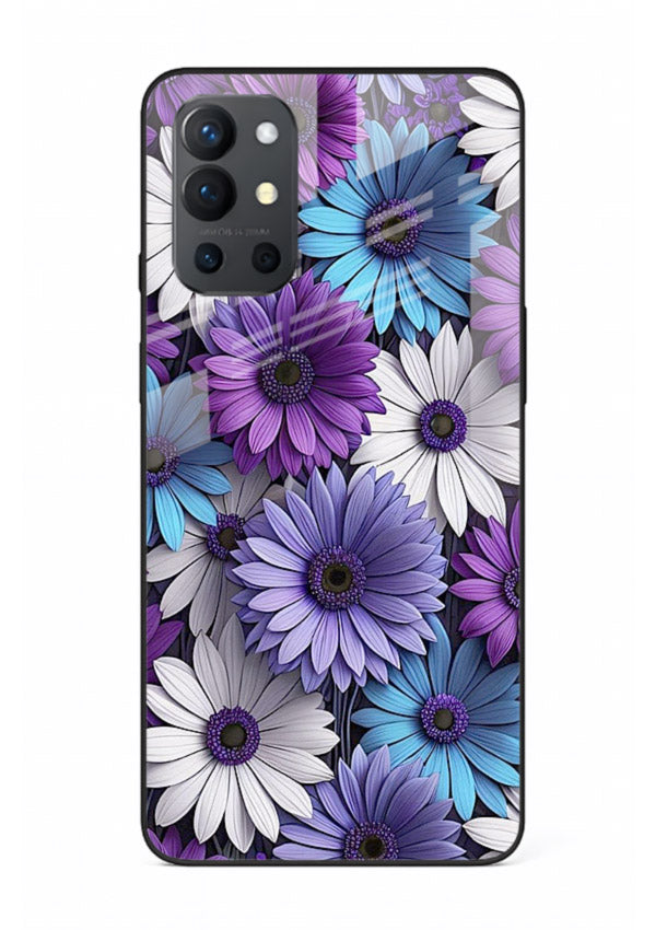 Violet daisy artwork on OnePlus 9R glass back cover with cool gentle floral tones.