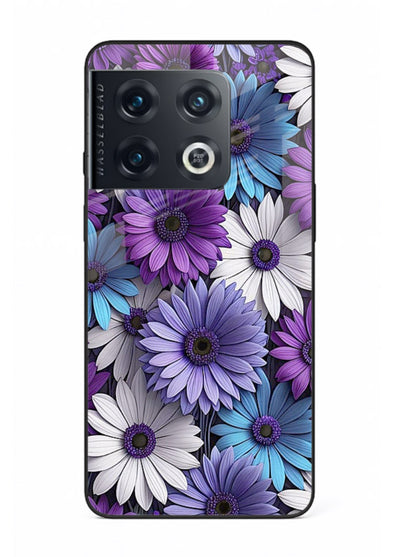 Violet daisy artwork on OnePlus 10 Pro glass back cover with cool gentle floral tones.