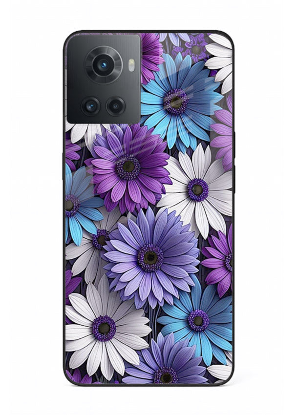 Violet daisy artwork on OnePlus 10R glass back cover with cool gentle floral tones.