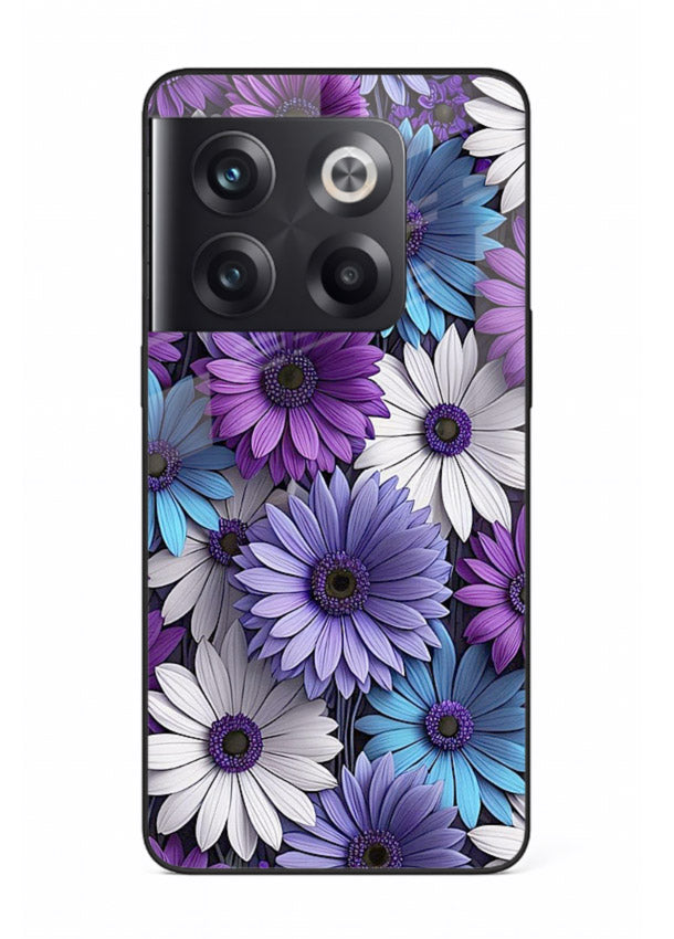 Violet daisy artwork on OnePlus 10T glass back cover with cool gentle floral tones.