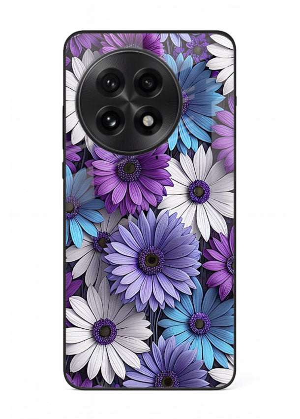 Violet daisy artwork on OnePlus 13R glass back cover with cool gentle floral tones.