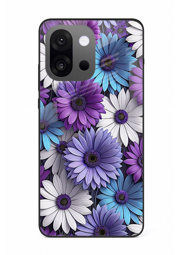 Violet daisy artwork on OnePlus 13s glass back cover with cool gentle floral tones.