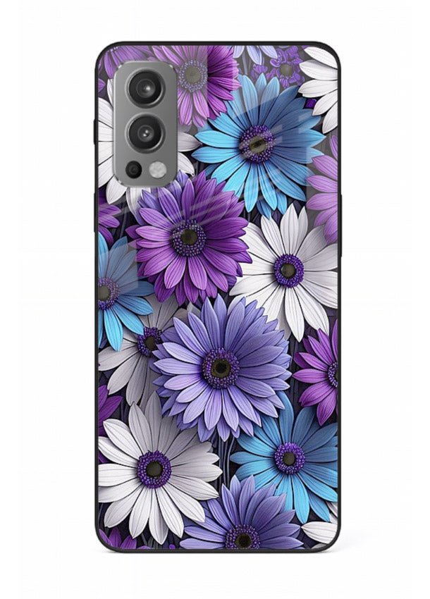 Violet daisy artwork on OnePlus Nord 2 glass back cover with cool gentle floral tones.