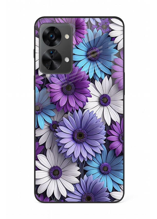 Violet daisy artwork on OnePlus Nord 2T glass back cover with cool gentle floral tones.