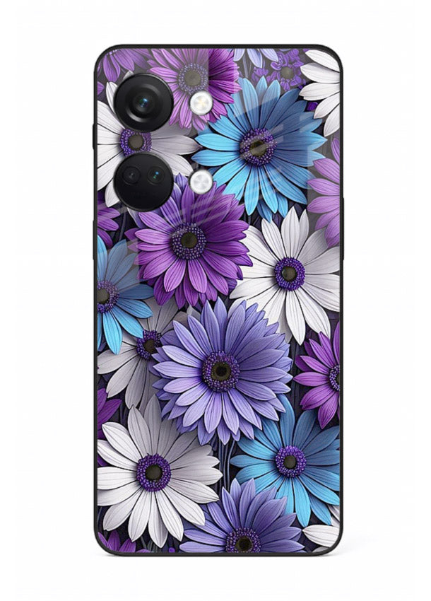 Violet daisy artwork on OnePlus Nord 3 glass back cover with cool gentle floral tones.