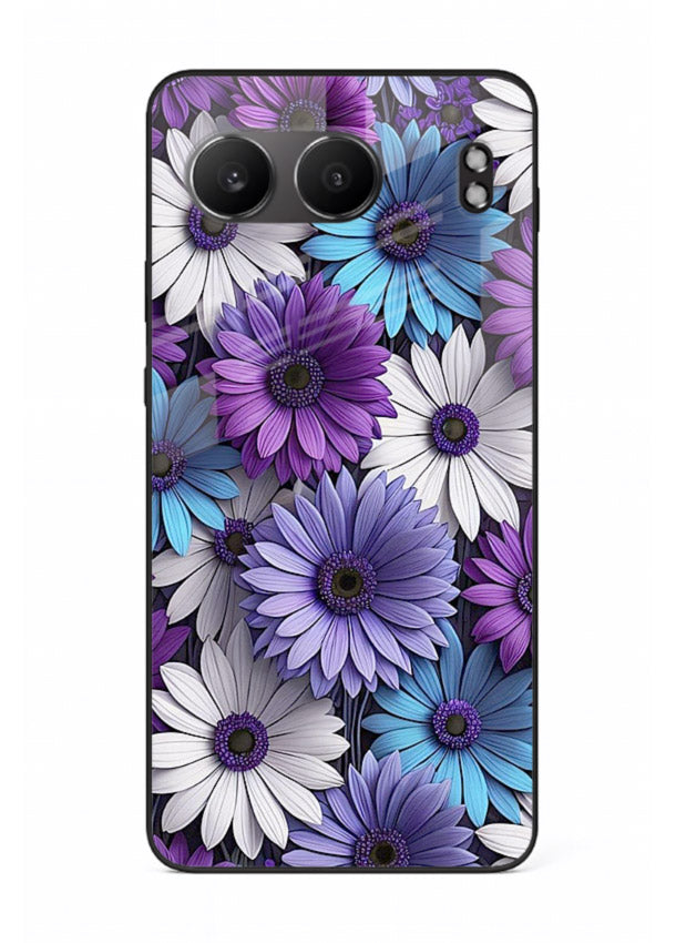 Violet daisy artwork on OnePlus Nord 4 glass back cover with cool gentle floral tones.