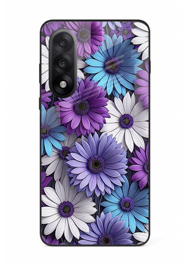 Violet daisy artwork on OnePlus Nord 5 glass back cover with cool gentle floral tones.