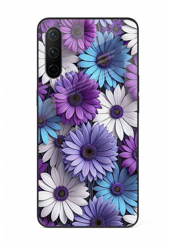 Violet daisy artwork on OnePlus Nord CE 5G glass back cover with cool gentle floral tones.
