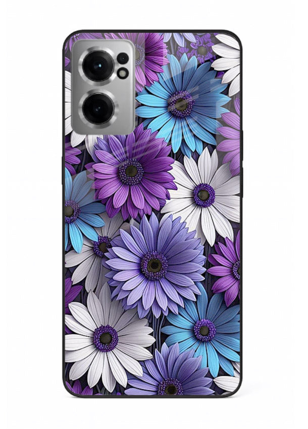Violet daisy artwork on OnePlus Nord CE2 5G glass back cover with cool gentle floral tones.