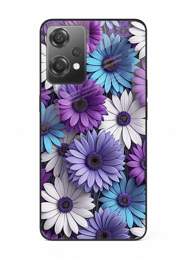 Violet daisy artwork on OnePlus Nord CE2 Lite 5G glass back cover with cool gentle floral tones.