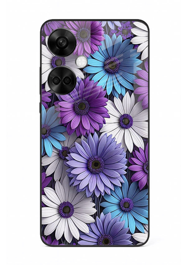Violet daisy artwork on OnePlus Nord CE3 glass back cover with cool gentle floral tones.
