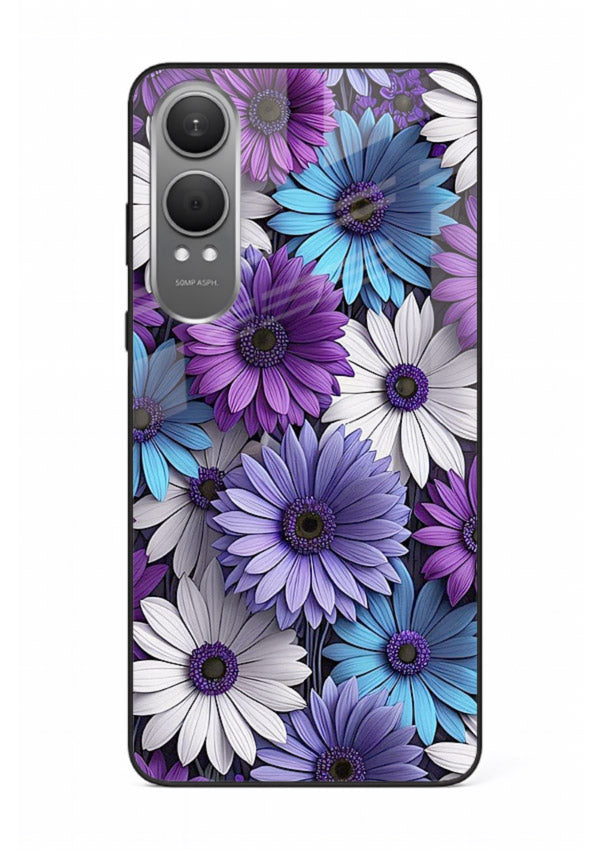 Violet daisy artwork on OnePlus Nord CE4 Lite glass back cover with cool gentle floral tones.