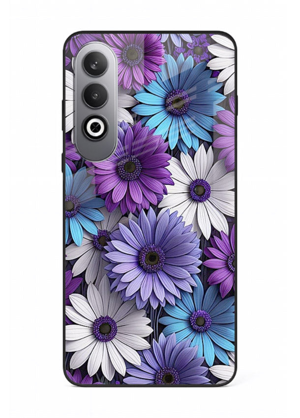 Violet daisy artwork on OnePlus Nord CE4 glass back cover with cool gentle floral tones.
