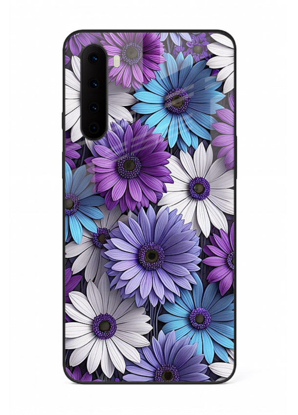 Violet daisy artwork on OnePlus Nord glass back cover with cool gentle floral tones.