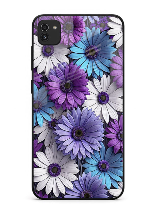 Violet daisy artwork on Samsung A03 glass back cover with cool gentle floral tones.
