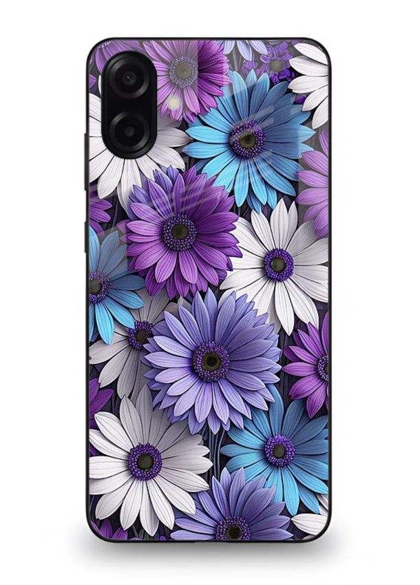 Violet daisy artwork on Samsung A07 4G glass back cover with cool gentle floral tones.