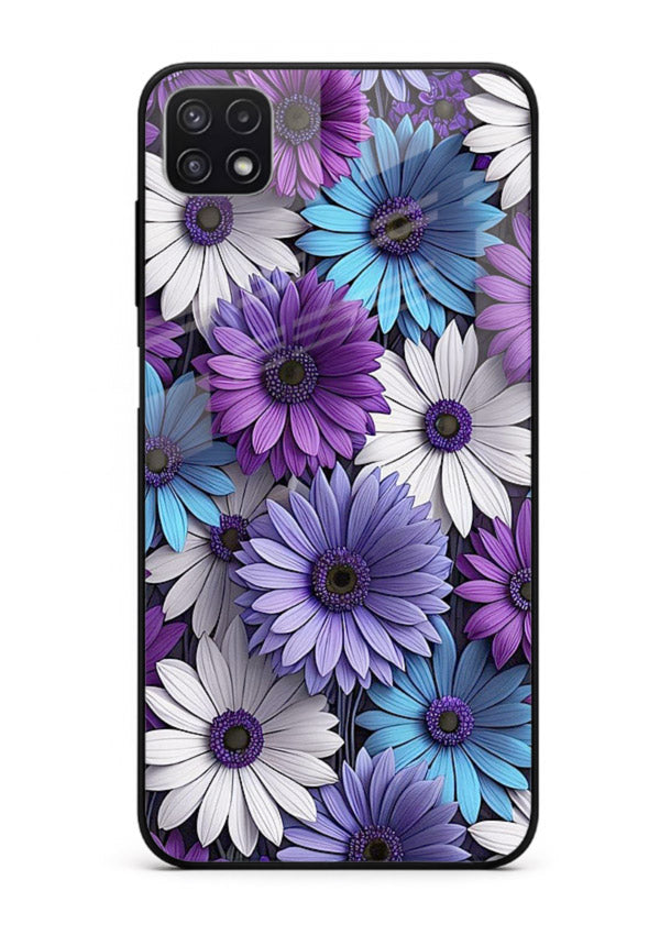 Violet daisy artwork on Samsung F42 5G glass back cover with cool gentle floral tones.