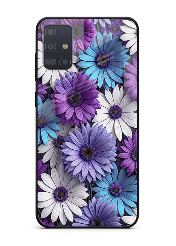 Violet daisy artwork on Samsung A71 glass back cover with cool gentle floral tones.