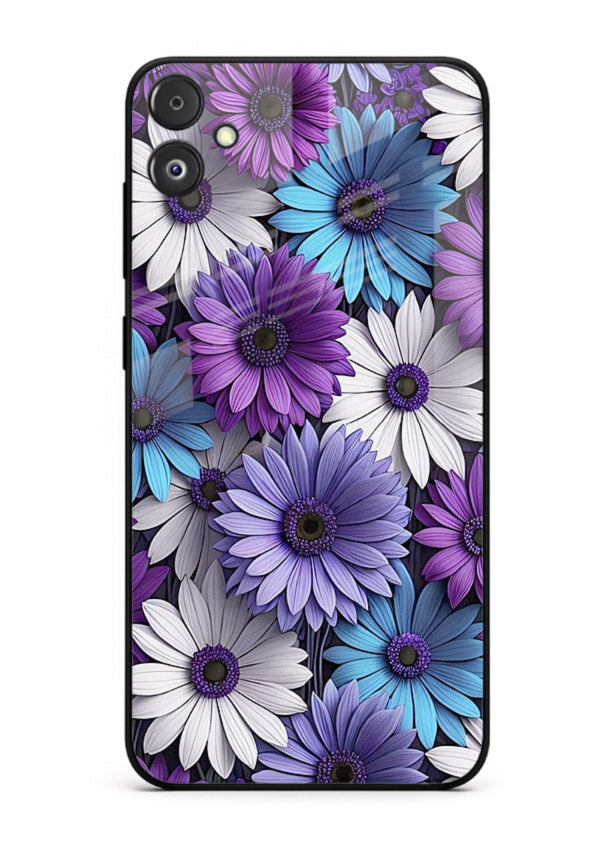 Violet daisy artwork on Samsung F14 5G glass back cover with cool gentle floral tones.