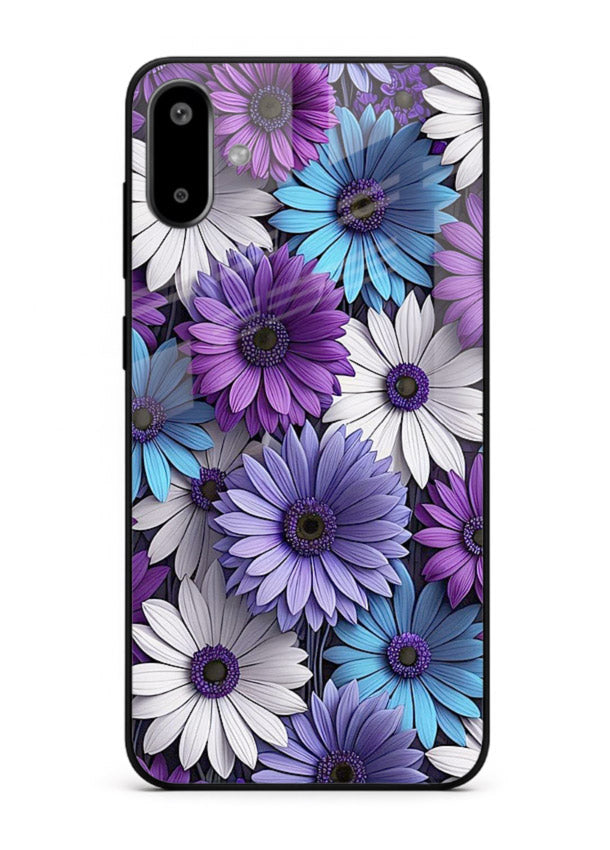 Violet daisy artwork on Samsung F06 5G glass back cover with cool gentle floral tones.
