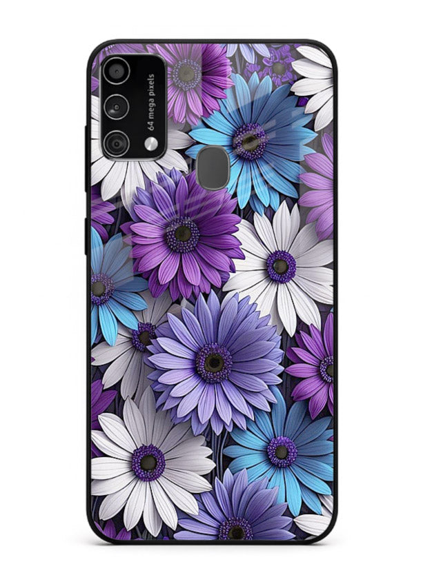 Violet daisy artwork on Samsung F41 glass back cover with cool gentle floral tones.