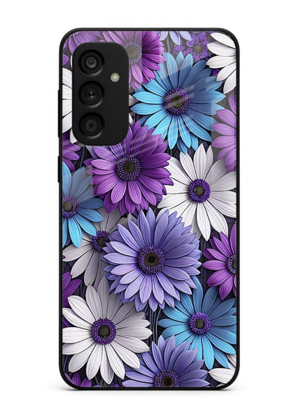 Violet daisy artwork on Samsung F23 5G glass back cover with cool gentle floral tones.