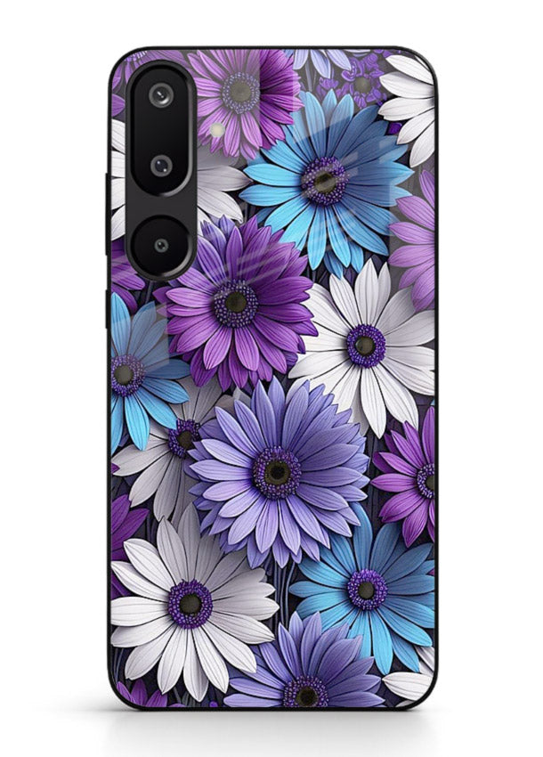 Violet daisy artwork on Samsung M16 5G glass back cover with cool gentle floral tones.