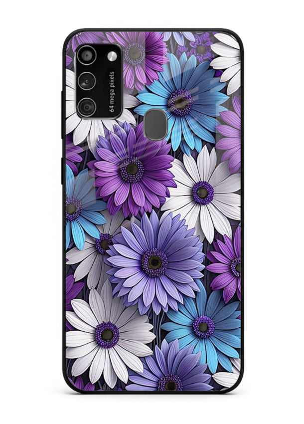 Violet daisy artwork on Samsung M21 glass back cover with cool gentle floral tones.