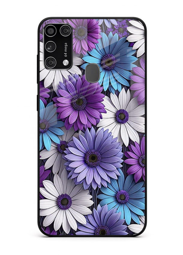 Violet daisy artwork on Samsung M31 Prime glass back cover with cool gentle floral tones.