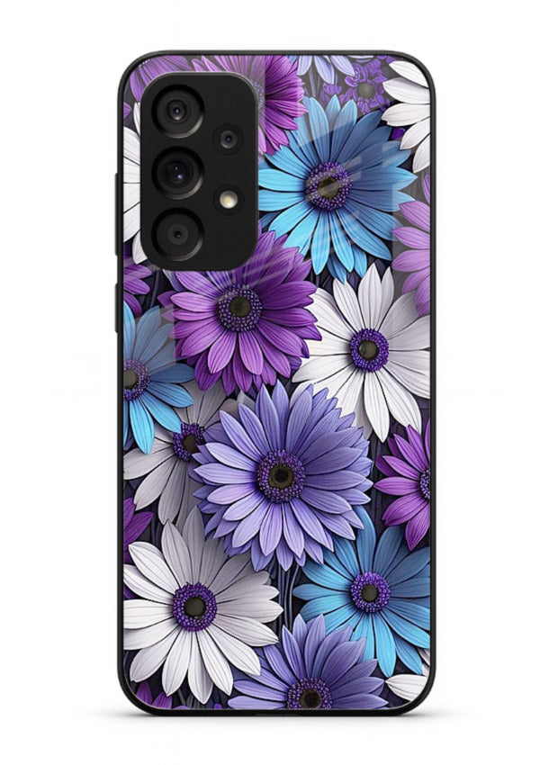 Violet daisy artwork on Samsung M32 5G glass back cover with cool gentle floral tones.