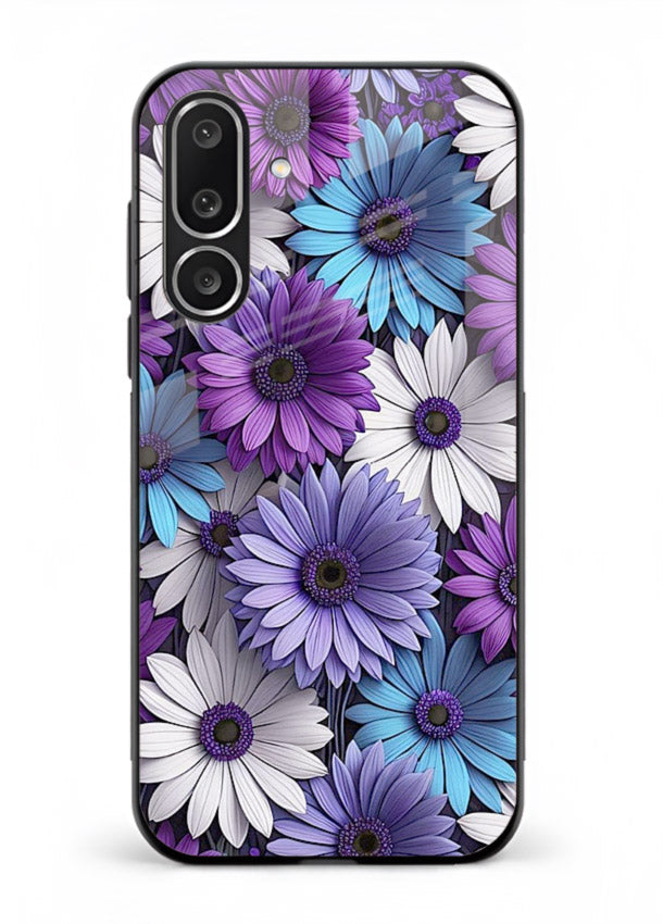Violet daisy artwork on Samsung F56 5G glass back cover with cool gentle floral tones.