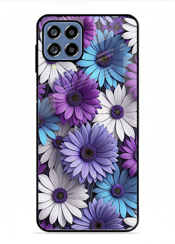 Violet daisy artwork on Samsung M33 5G glass back cover with cool gentle floral tones.