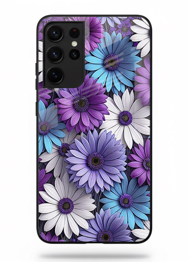 Violet daisy artwork on Samsung S21 Ultra glass back cover with cool gentle floral tones.