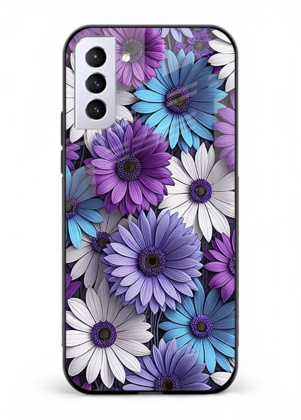 Violet daisy artwork on Samsung S21 FE glass back cover with cool gentle floral tones.