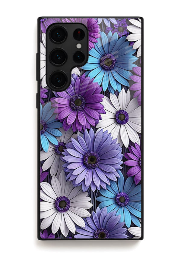 Violet daisy artwork on Samsung S25 Ultra glass back cover with cool gentle floral tones.
