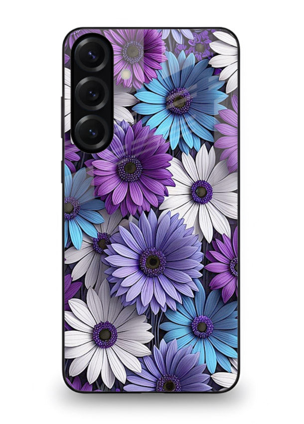 Violet daisy artwork on Samsung M54 5G glass back cover with cool gentle floral tones.