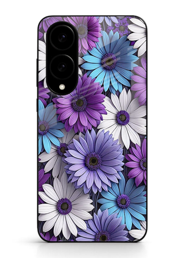 Violet daisy artwork on Samsung S25 Edge glass back cover with cool gentle floral tones.