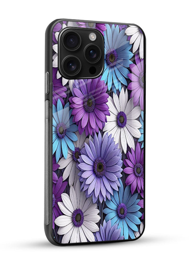 Violet daisy artwork on glossy vibrant premium glass back cover with cool gentle floral tones. - Angle Side