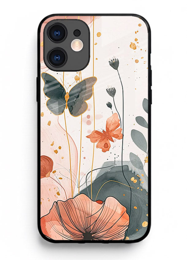 Watercolor butterfly floral artwork on iphone 11 glass back cover with soft painted tones.