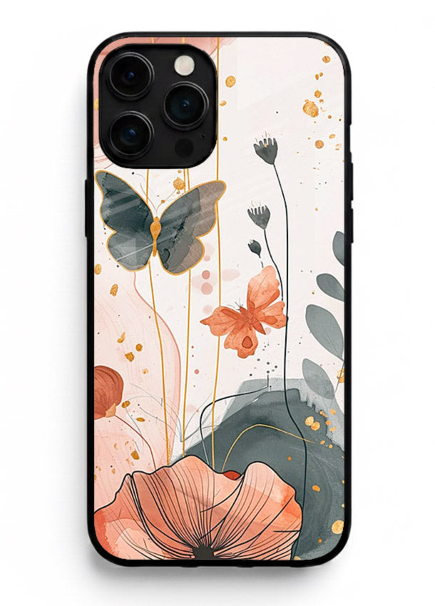 Watercolor butterfly floral artwork on iphone 16 pro max glass back cover with soft painted tones.