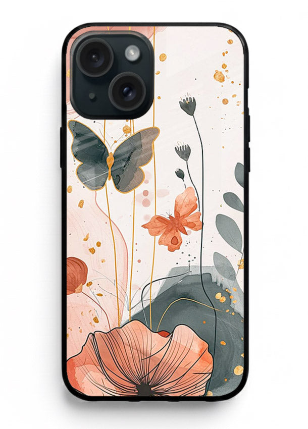 Watercolor butterfly floral artwork on iphone 13 glass back cover with soft painted tones.
