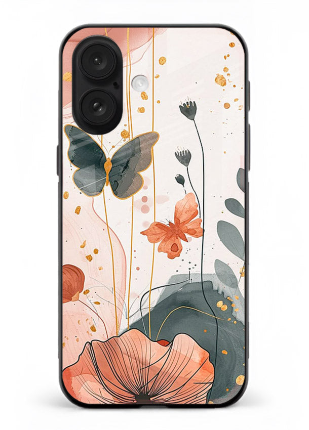 Watercolor butterfly floral artwork on iphone 18 glass back cover with soft painted tones.