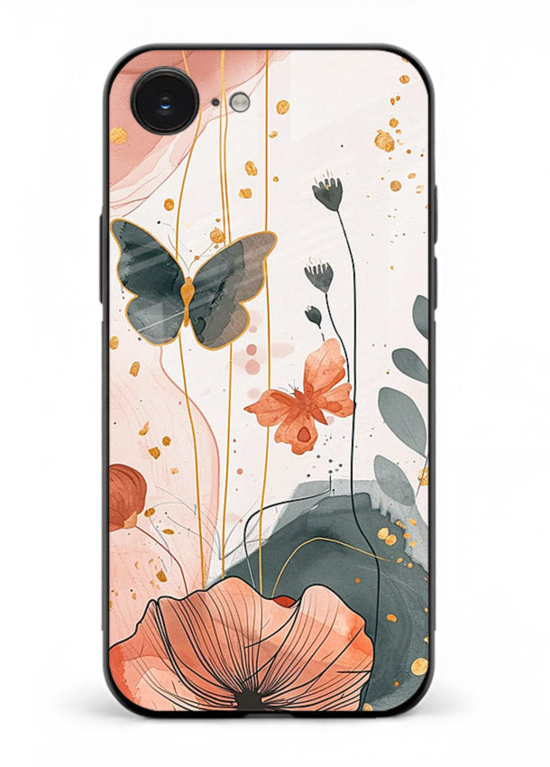 Watercolor butterfly floral artwork on iphone 16e glass back cover with soft painted tones.