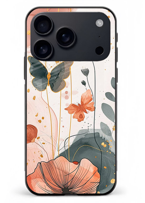Watercolor butterfly floral artwork on iphone 17 pro max glass back cover with soft painted tones.